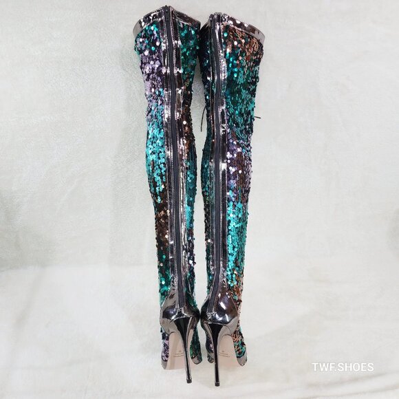 Over the Knee Thigh High Lace Up Stiletto Heel Sequin Boots Pewter - Picture 3 of 11